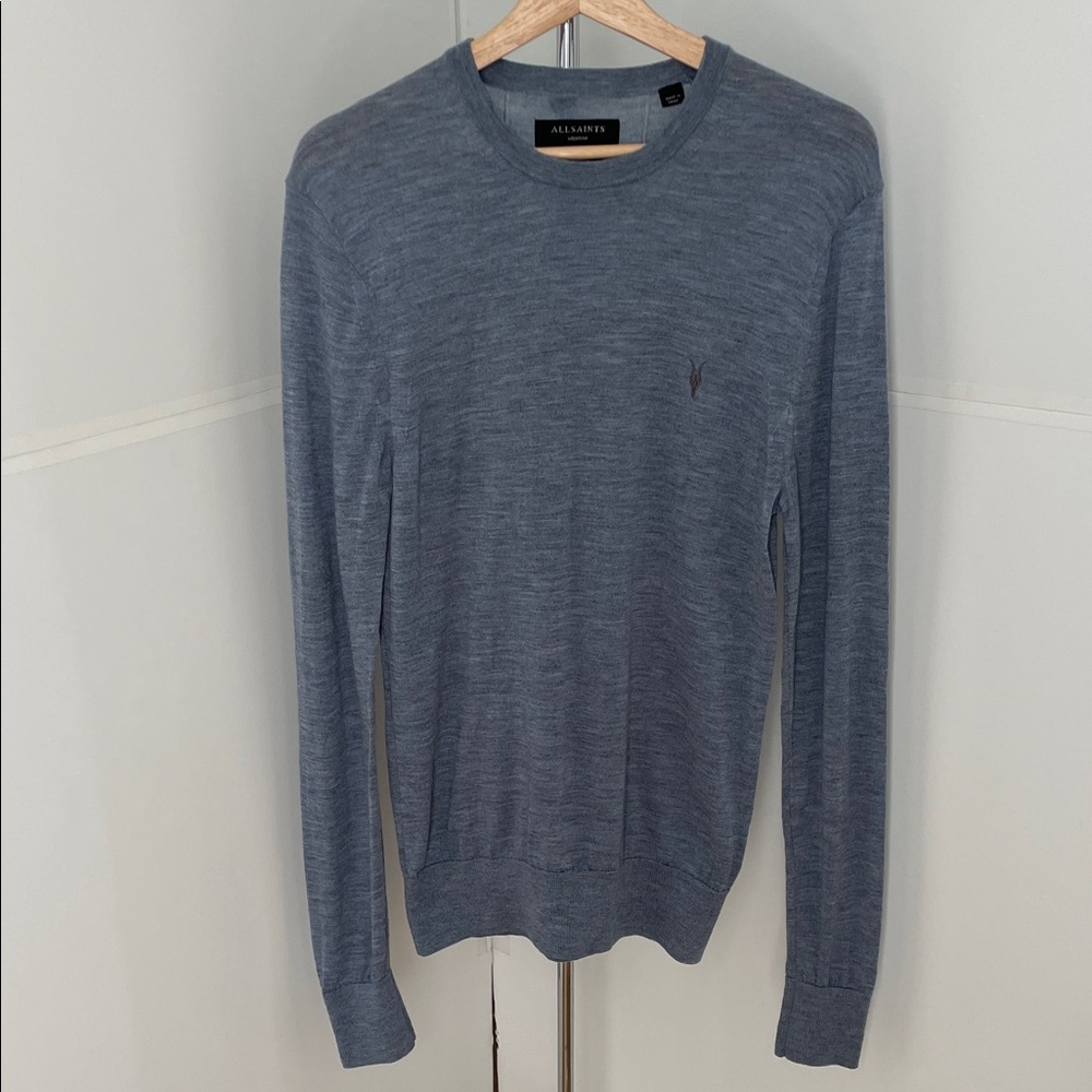 Men's Light Blue AllSaints Merino Crew Neck Ramskull Sweater. Size Medium